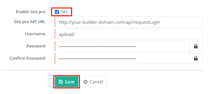 HC site.pro setting form