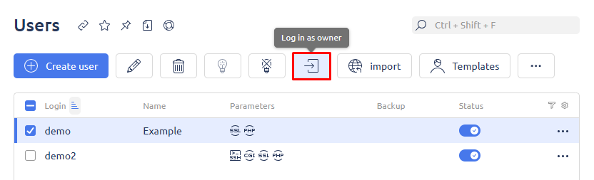 ISPmanager login as owner button