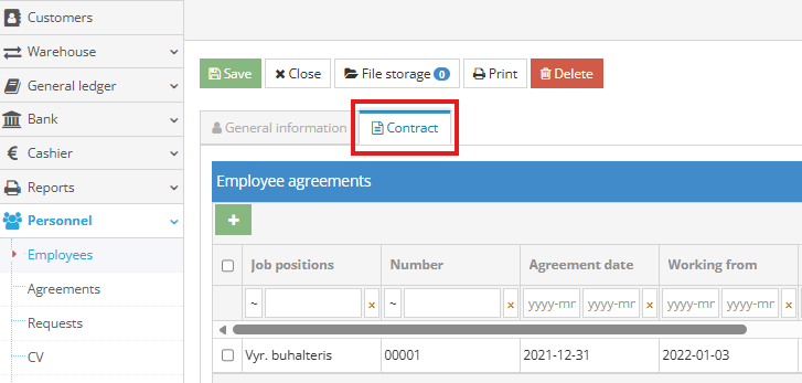 Employee contract tab in payroll system
