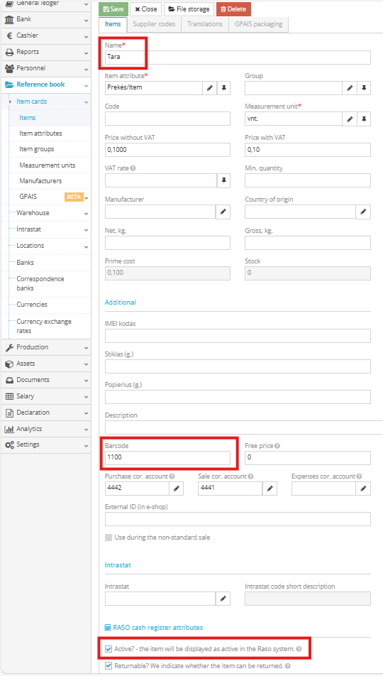 Creating a container card with a barcode for deposit