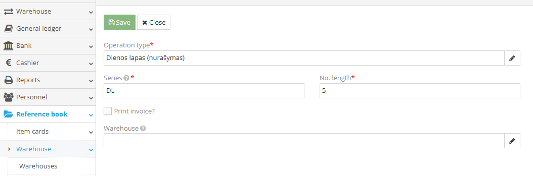 Example of linking operation type with series for Daily Sheet