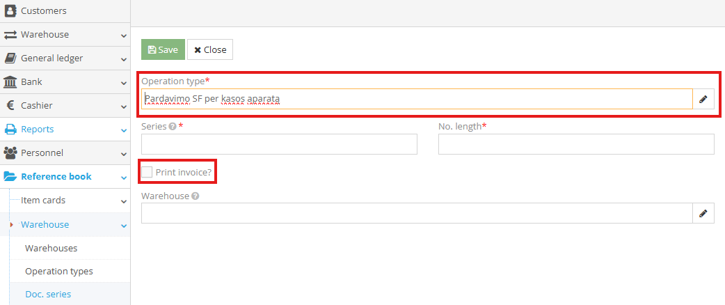 Sales Invoice via cash register with series and number length