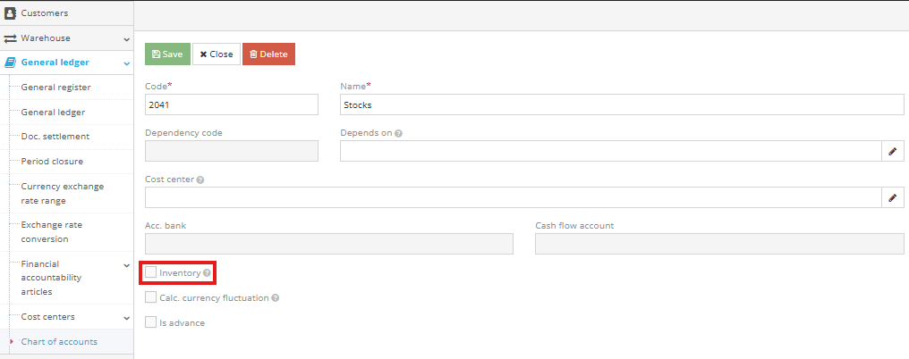Chart of accounts without inventory checkbox
