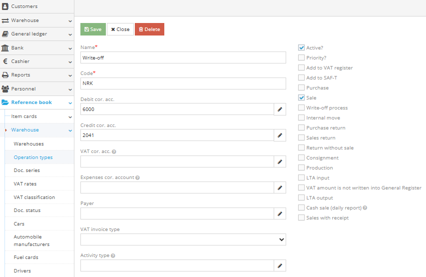 Creating write-off operation type in warehouse