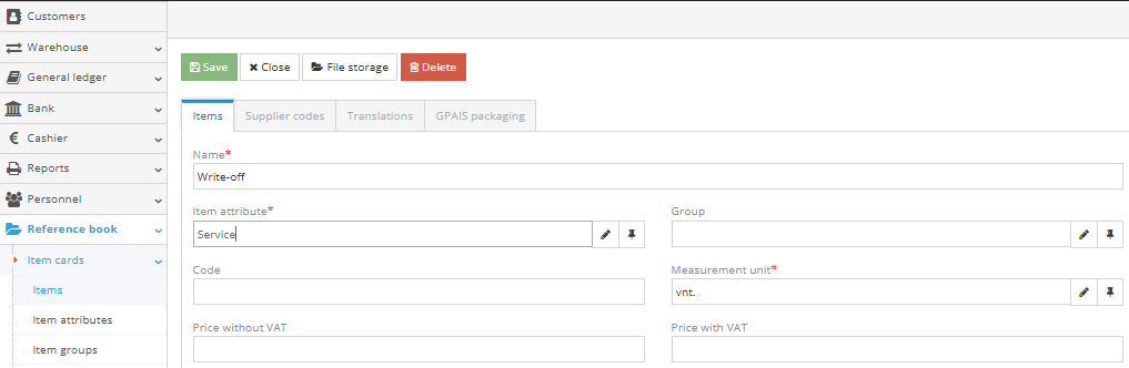 Item card creation with service type