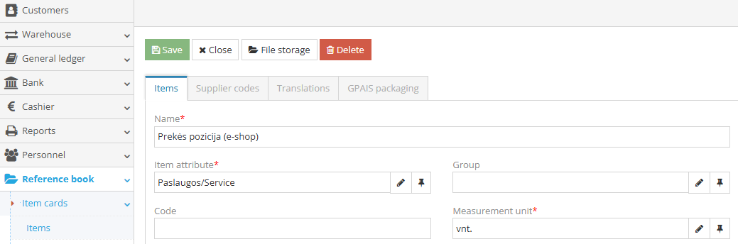 Product item card creation form in e-shop service mode