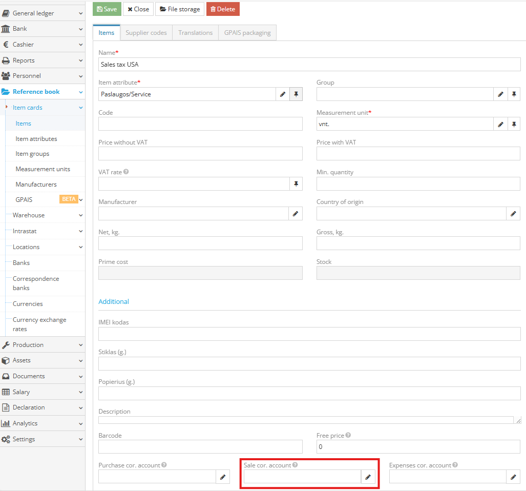 JAV Sales TAX item card creation form for e-shop services