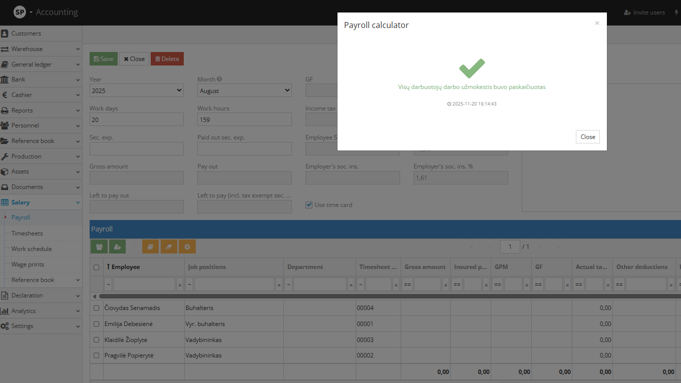 Payroll calculation success or error message