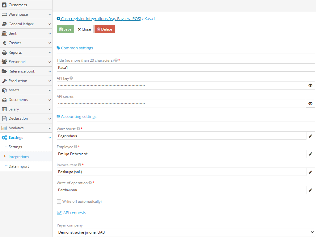 Required fields for integration setup