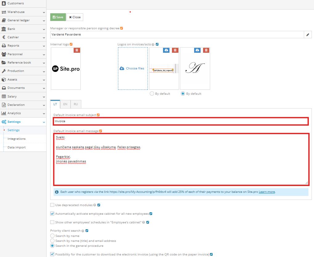 Email subject and text settings for invoices in Site.pro