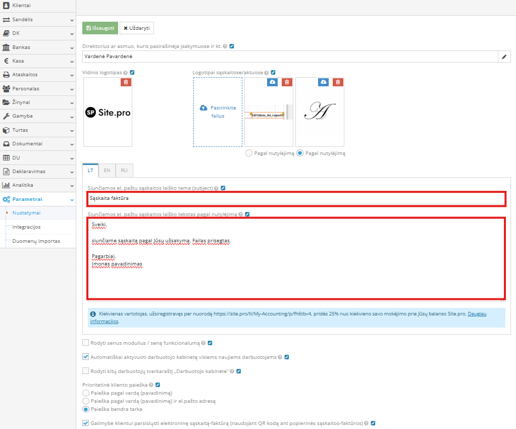 Sąskaitos siuntimo el. paštu nustatymų langas