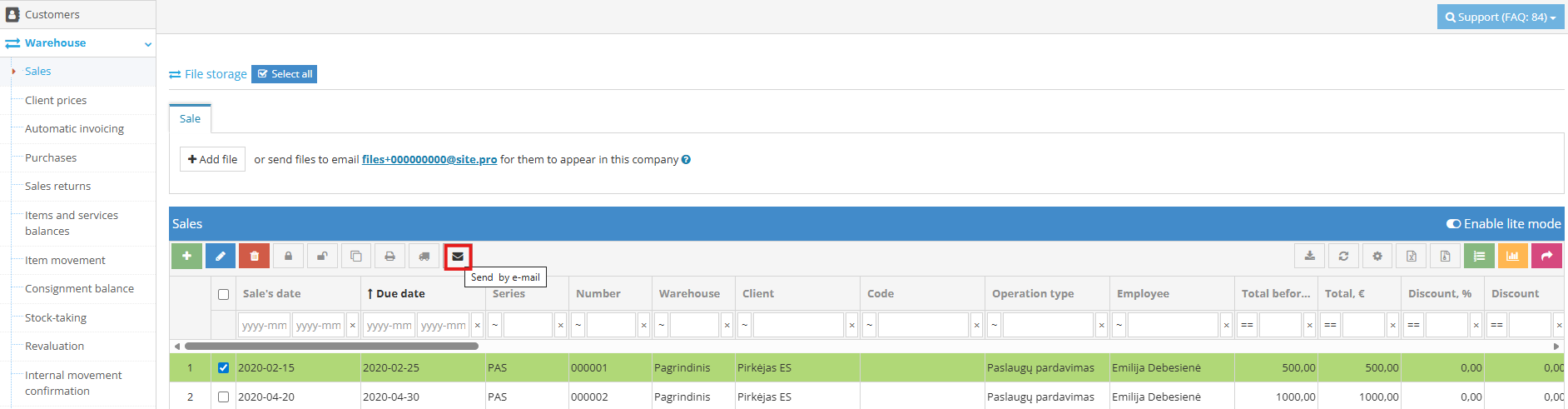 Sending invoice by email with preset text in Site.pro