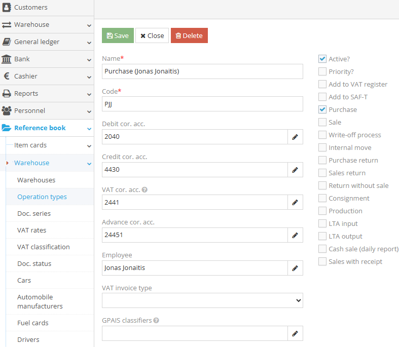 Operation type creation form with purchase and VAT register options