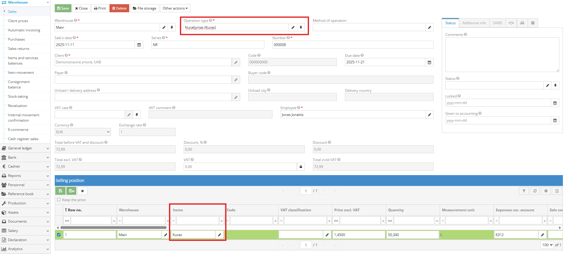 Creating a new write-off document in warehouse sales