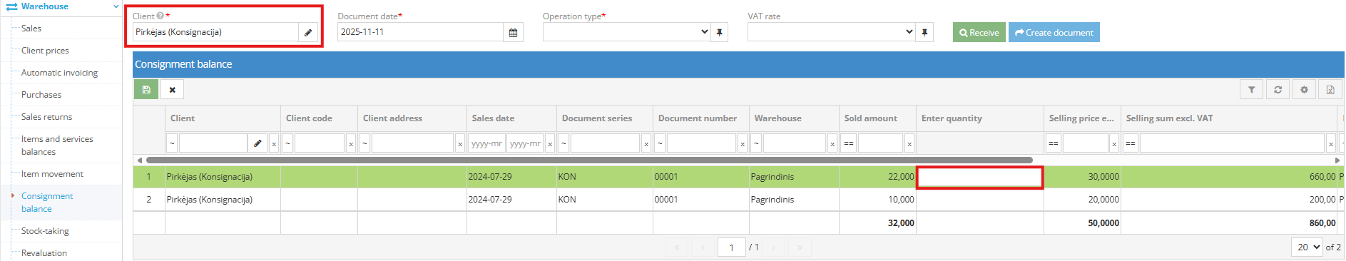 Filling quantity to invoice for consignment goods