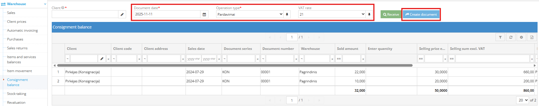 Заполнение полей для создания документа продажи консигнационных товаров