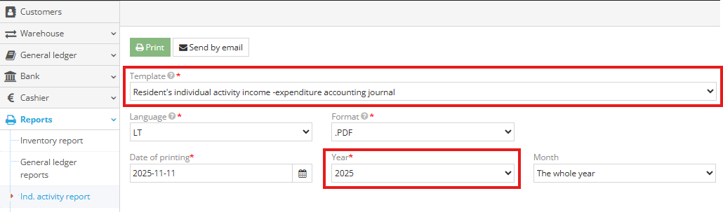 Individual Activity Report Selection Example