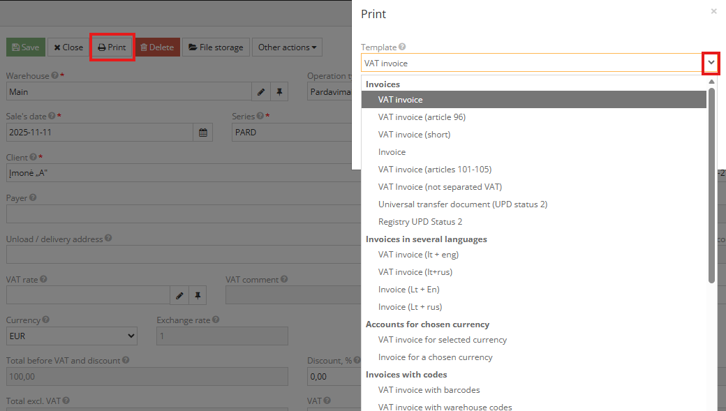 Printing the sales document