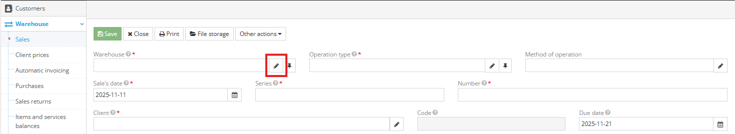 Selecting the warehouse for the sale