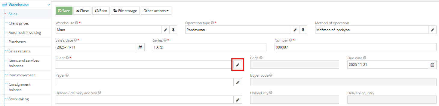 New customer creation window
