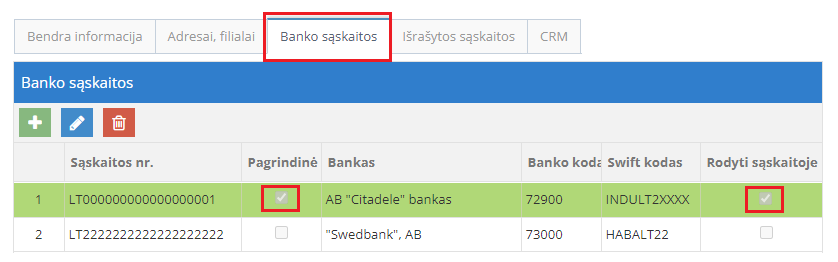 Banko sąskaitos pridėjimas ir žymėjimas
