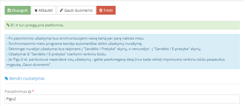 Pigu.lt bendrų nustatymų langas