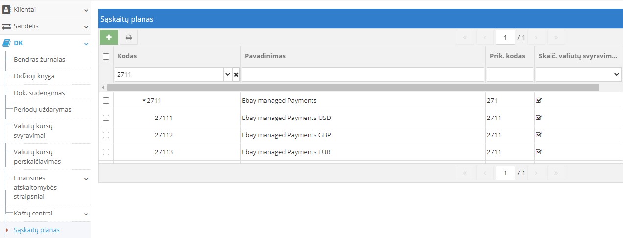 Sąskaitų plano papildymas kiekvienai valiutai