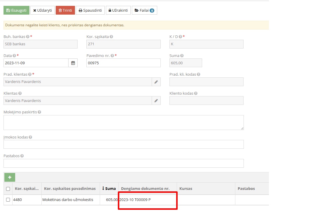 Darbo užmokesčio išmokėjimo registravimas banke