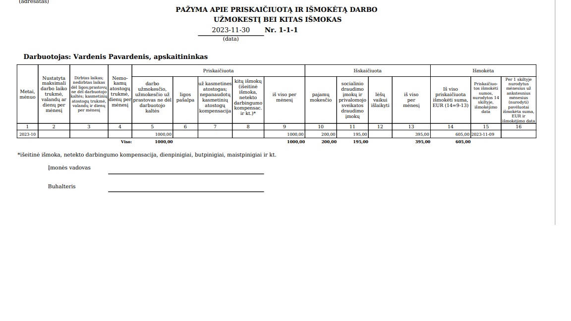Darbo užmokesčio pažymos pavyzdys su išmokėjimo data