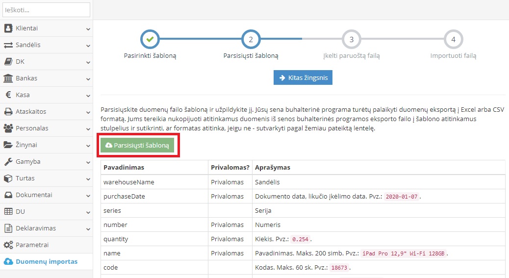 Excel šablono parsisiuntimo ir pildymo langas