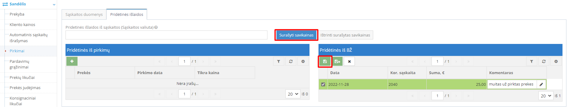 Surašytų savikainų peržiūra dokumente