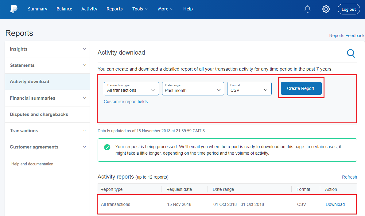 PayPal activity download report interface