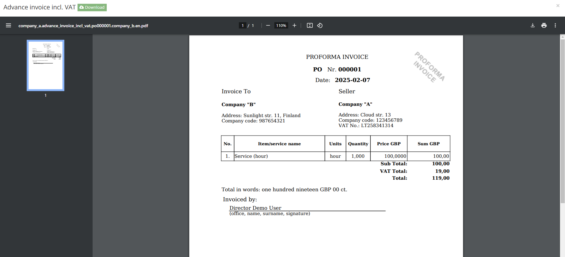 Generating the proforma invoice document