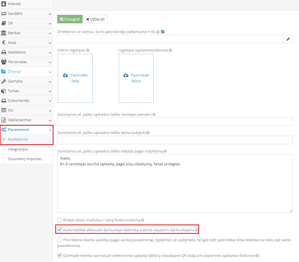 Окно настроек активации Кабинета сотрудника