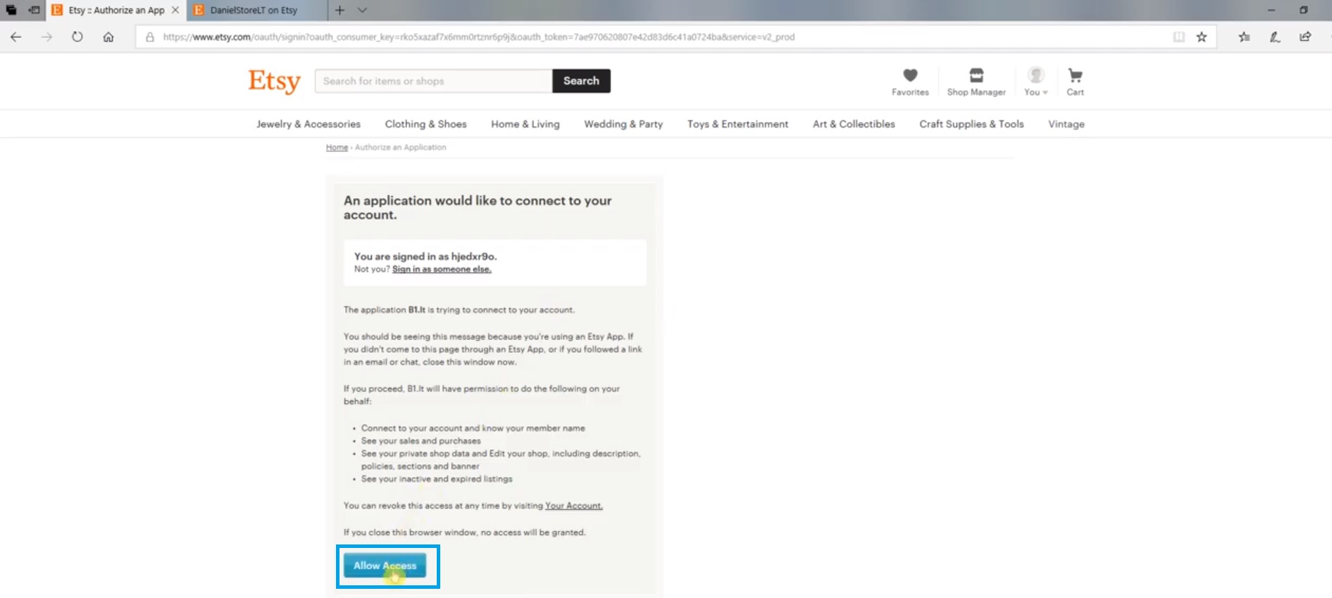 Leidimo suteikimo langas Etsy platformoje