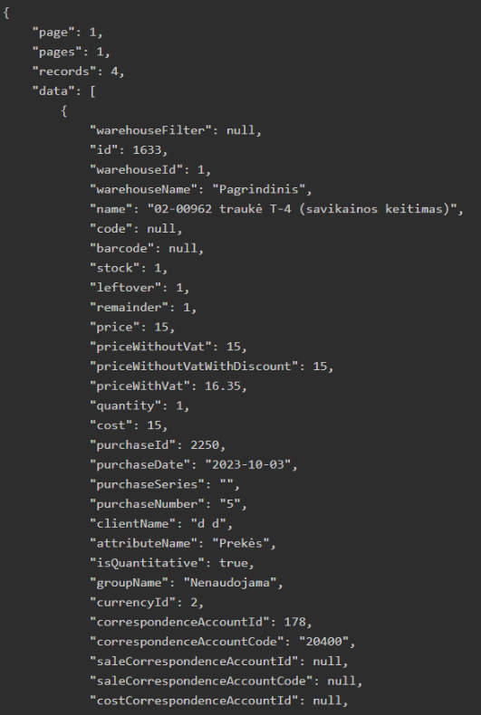 Žaliavų savikainos paieškos pavyzdys