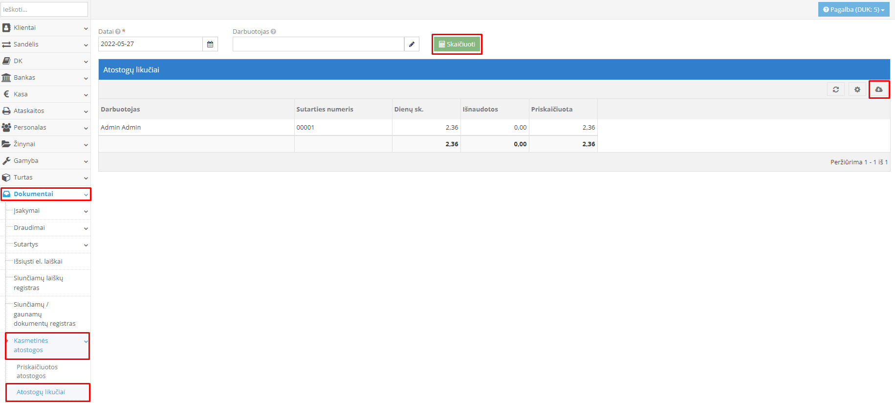 Atostogų likučių peržiūros langas