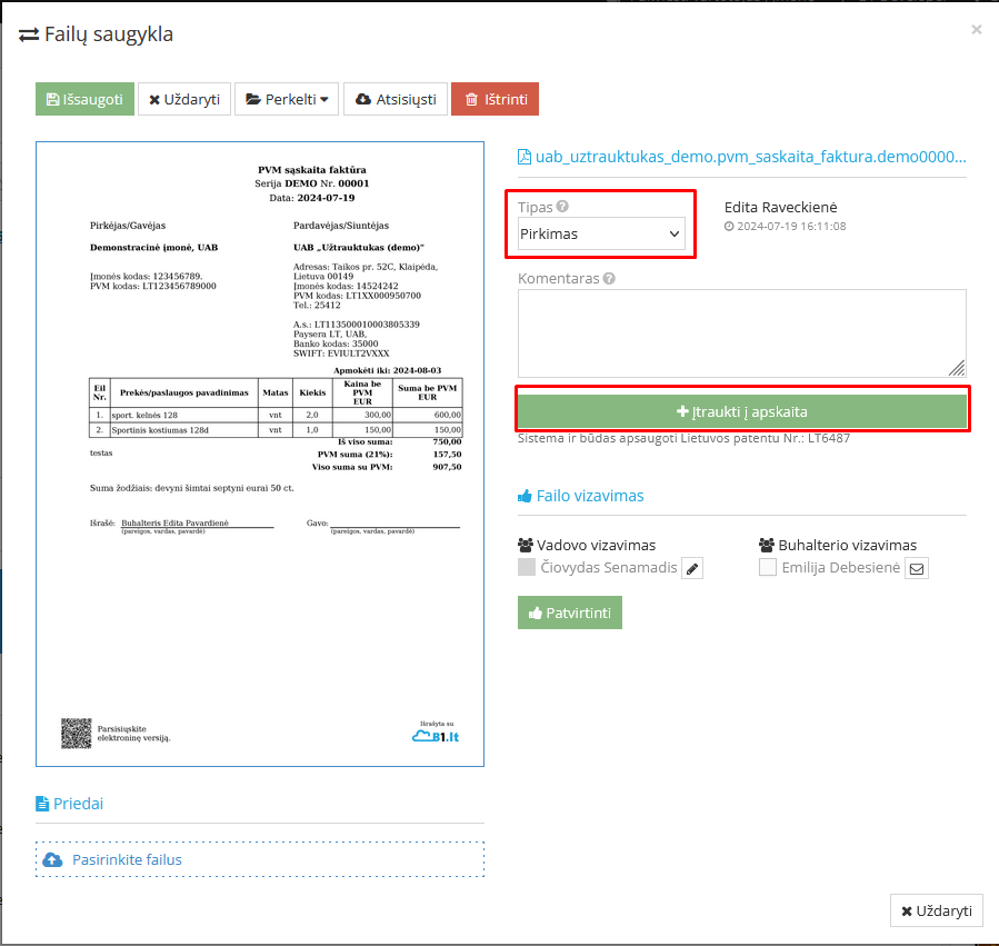 Atpažintų duomenų įtraukimas į apskaitą