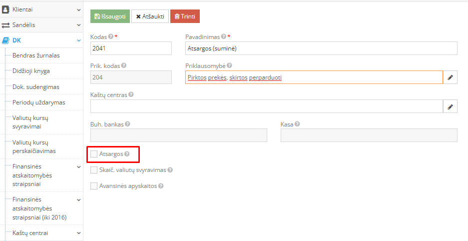 Sąskaitų plano peržiūra su atsargų požymiu