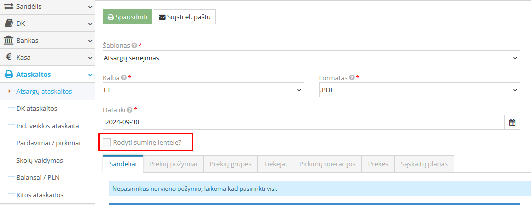 Atsargų senėjimo ataskaitos formavimo langas