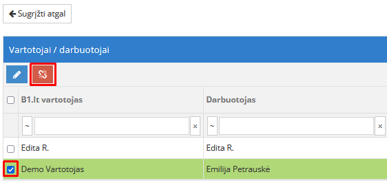 Atsiejimo mygtukas darbuotojo susiejimo lange