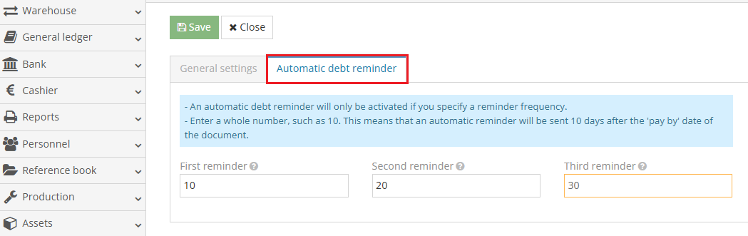 Setting overdue days for automatic debt reminders