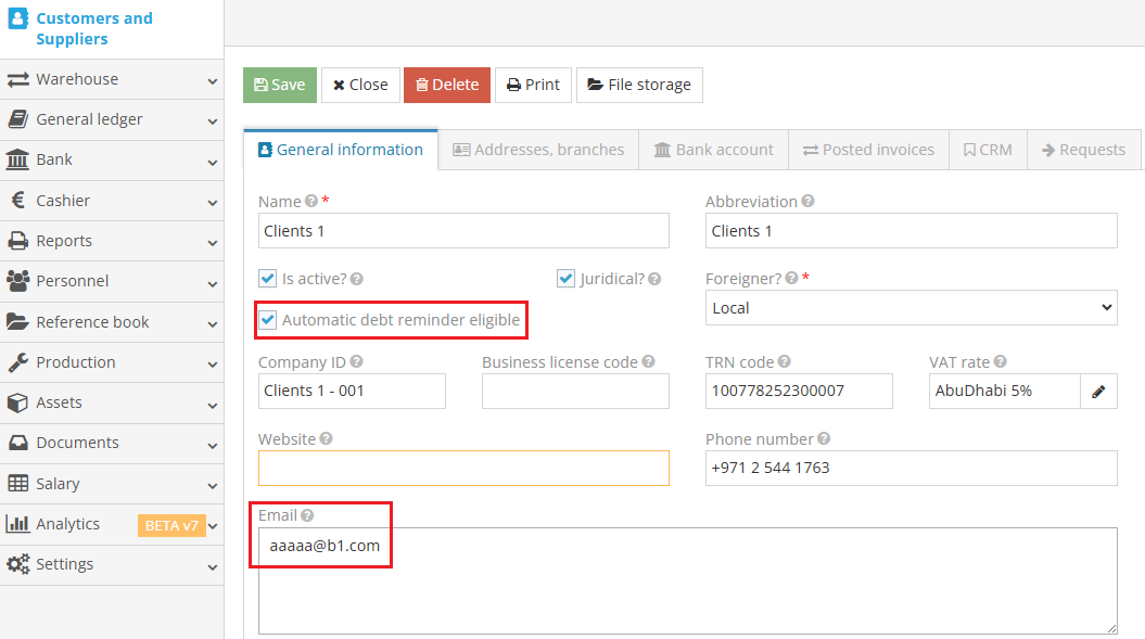Client card settings for automatic debt reminders