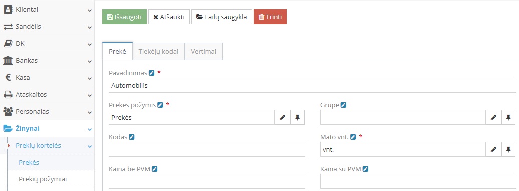 Automobilio prekės kortelės kūrimo langas