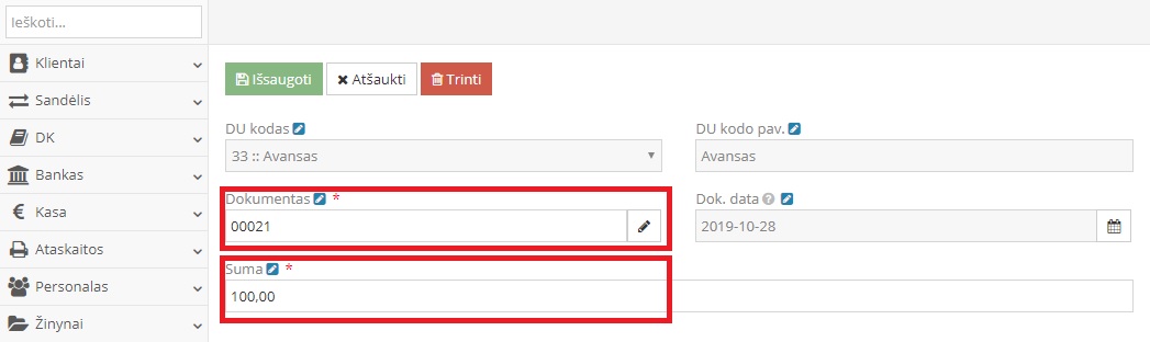 Avanso išmokėjimo langas darbuotojo kortelėje