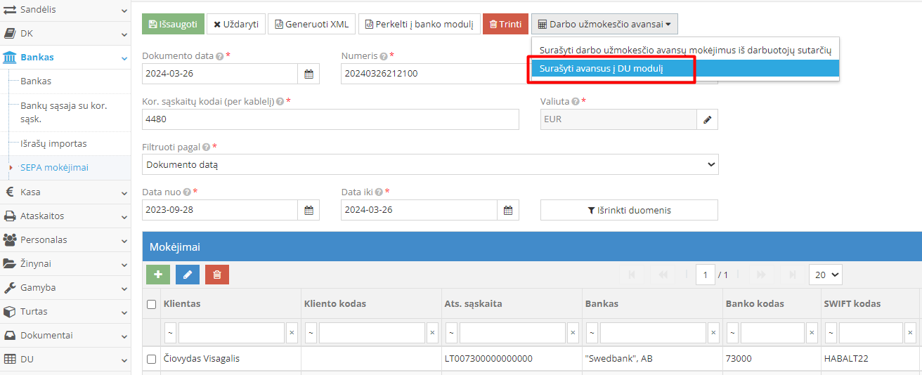 Avansų perkėlimas į darbo užmokesčio modulį