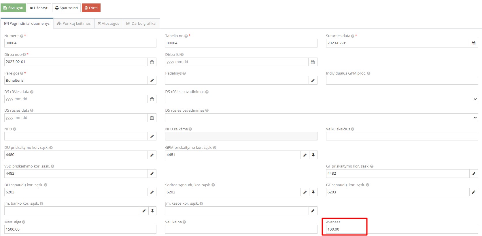 Avanso sumos įvedimas darbuotojo darbo sutartyje