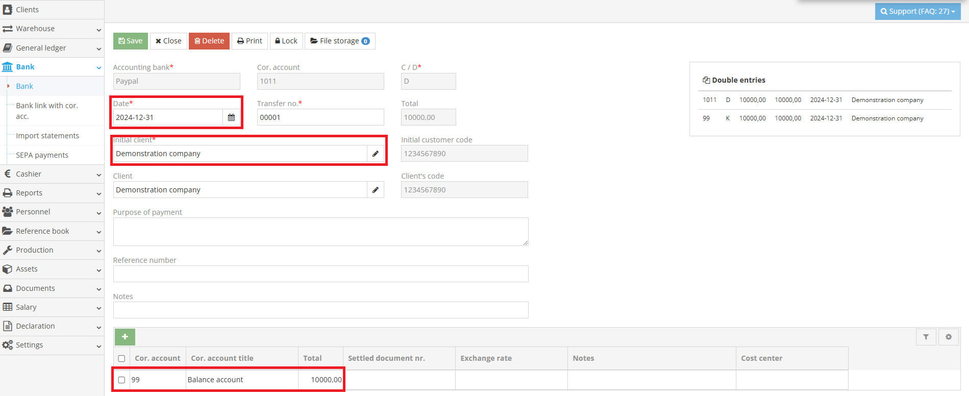 Filling in the bank account balance details in the table