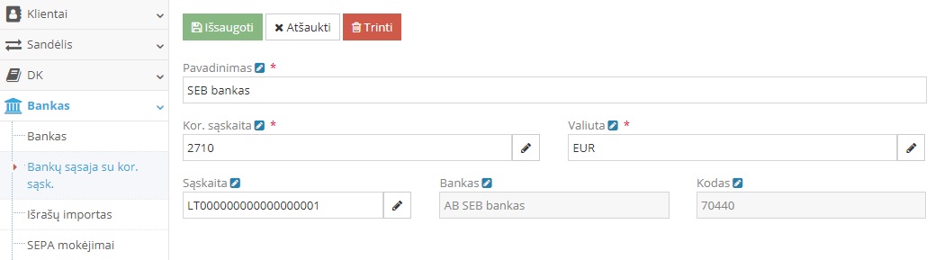 Banko sąskaitos susiejimo su kor. sąskaita langas