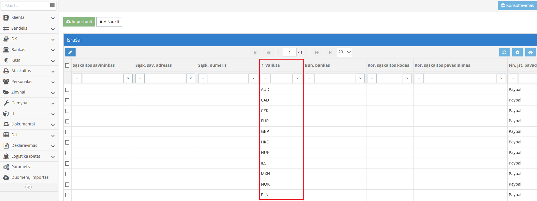 Bank module showing all currencies in statement import